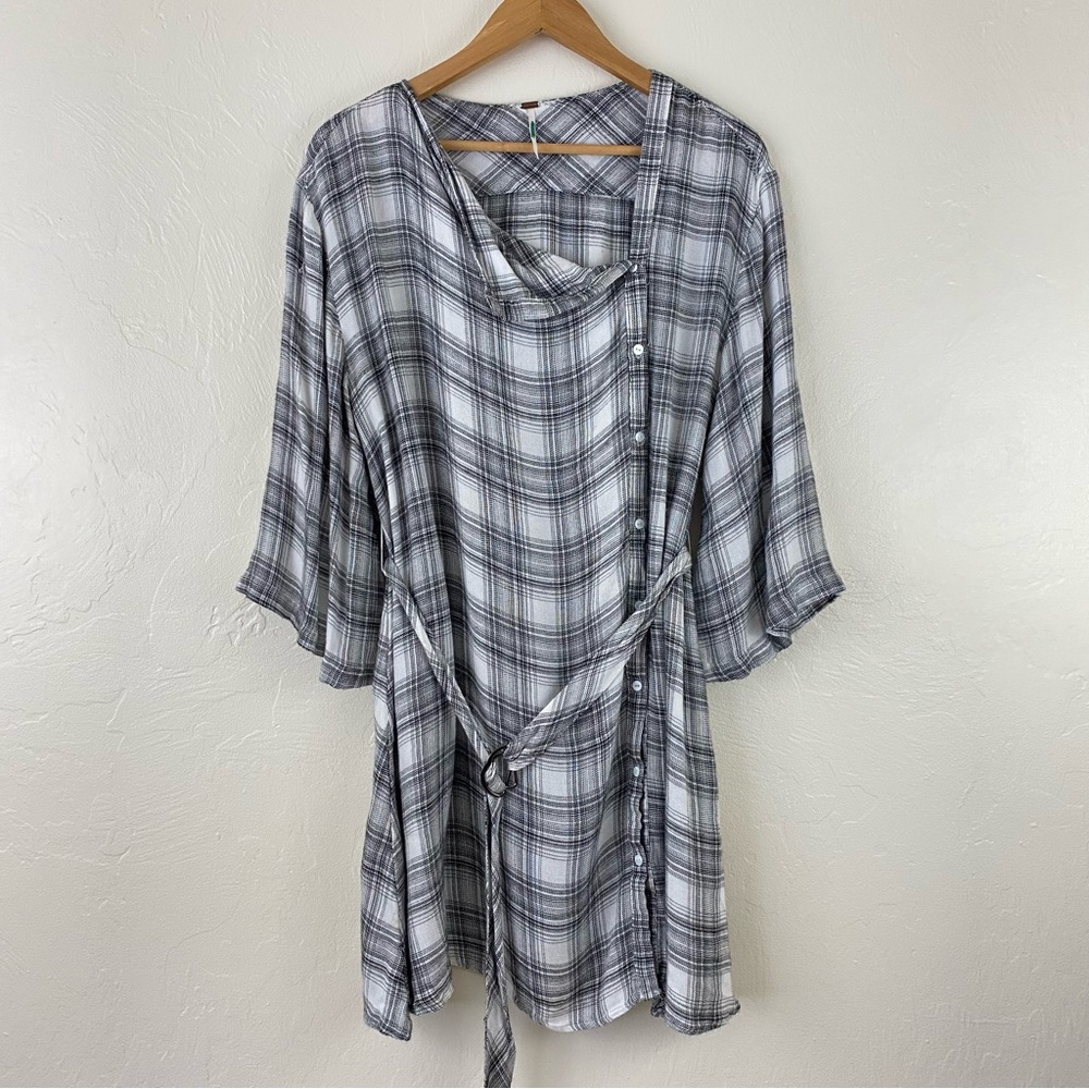 Free People Size 12 Black White Plaid Print Wide Sleeve Button Down Midi Dress